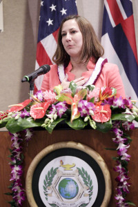 Kelly Magsamen, principal assistant secretary of defense for Asian and Pacific security affairs, addresses attendees at the Oct. 6 Daniel K. Inouye Asia-Pacific Center for Security Studies 20th Anniversary celebration. She honored the Center’s role in building cooperation among regional security leaders through open dialogue and information sharing.