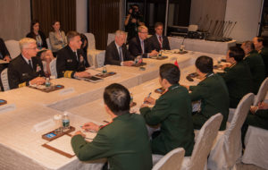 SINGAPORE (June 1, 2018) - Secretary of Defense Jim Mattis meets with Vietnam's Minister of Defense Ngo Xuan Lich during the Shangri-La Dialogue. The Shangri-La Dialogue, held annually by the independent think tank, the International Institute for Strategic Studies (IISS), is an inter-governmental security forum which is attended by defense ministers and delegates from more than 50 nations. (U.S. Navy photo by Mass Communication Specialist 2nd Class Joshua Fulton) 180601-N-OU129-018